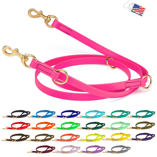 Biothane adjustable leashes for dogs with brass hardware, two snaps, pink and 22 other colors available