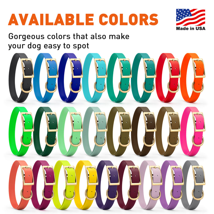 Waterproof dog collars with brass hardware are available in 26 colors