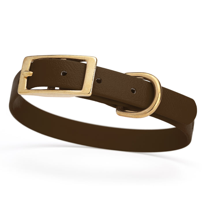 Dark Chocolate Brown Biothane dog collar for small dogs with brass hardware, 5/8 inch wide