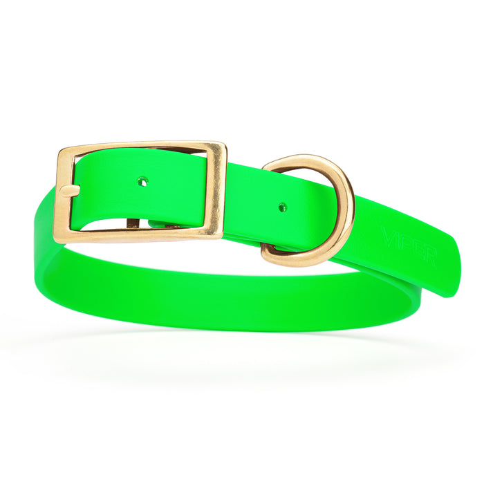 Tropical Green Waterproof Biothane dog collar for large dogs, brass hardware, 1 inch wide,