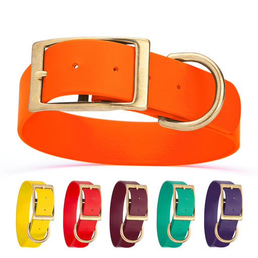 Biothane collars for dogs with brass hardware, waterproof and smell proof, 1.5 in wide, size L: 16 to 20 inches; orange, yellow, red, burgundy, teal, violet and 20 other color options
