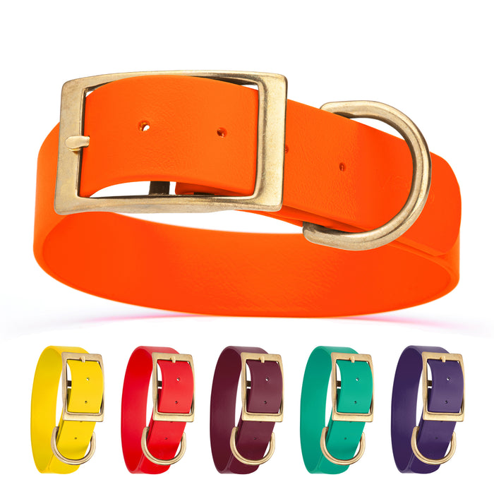 Biothane collars for dogs with brass hardware, waterproof and smell proof, 1.5 in wide, size L: 16 to 20 inches; orange, yellow, red, burgundy, teal, violet and 20 other color options
