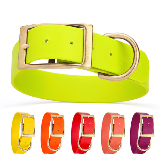 Biothane collar for dogs with brass hardware, waterproof and smell proof, 1.5 in wide, size XL: 20 to 24 inches; safety yellow, lemon, orange, red, coral, magenta and 20 other color options