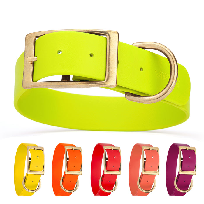 Biothane collar for dogs with brass hardware, waterproof and smell proof, 1.5 in wide, size XL: 20 to 24 inches; safety yellow, lemon, orange, red, coral, magenta and 20 other color options