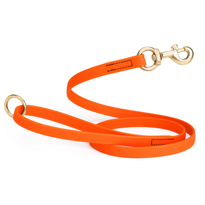 Hunter Orange Biothane dog leash with pebbled coating, brass clip and O-ring, 5-foot long