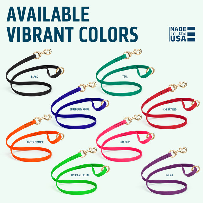 Pebble Biothane dog leashes with brass hardware are available in 8 colors