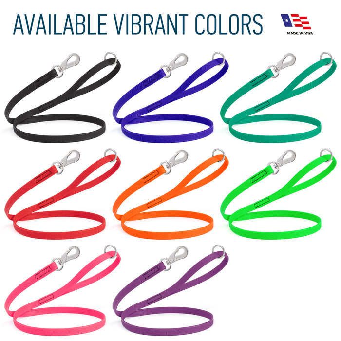 Textured Biothane leashes for dogs with stainless steel hook are available in 8 colors