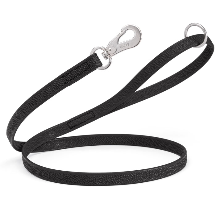 Black Biothane dog leash with pebbled texture, stainless steel Sprenger hook, and O-ring, 4 ft or 6 ft long