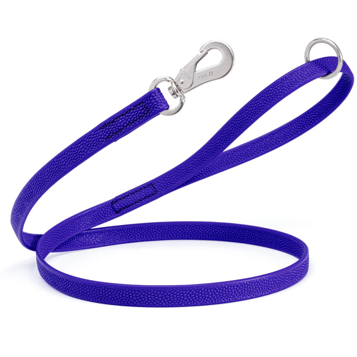 Blueberry Biothane dog leash with pebbled texture, stainless steel Sprenger hook, and O-ring, 4 ft or 6 ft long