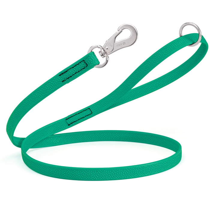 Teal Biothane dog leash with pebbled texture, stainless steel Sprenger hook, and O-ring, 4 ft or 6 ft long