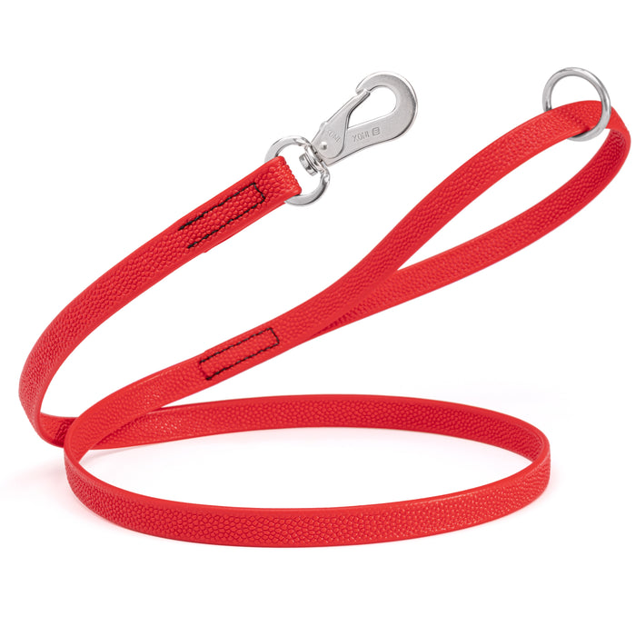 Cherry Red Biothane dog leash with pebbled texture, stainless steel Sprenger hook, and O-ring, 4 ft or 6 ft long