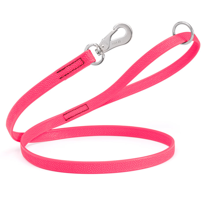 Hot Pink Biothane dog leash with pebbled texture, stainless steel Sprenger hook, and O-ring, 4 ft or 6 ft long