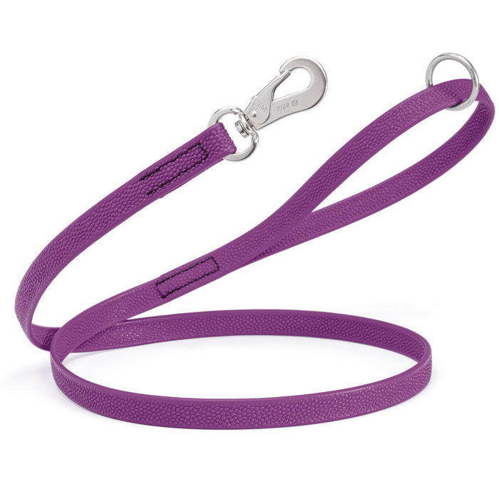 Grape Purple Biothane dog leash with pebbled texture, stainless steel Sprenger hook, and O-ring, 4 ft or 6 ft long