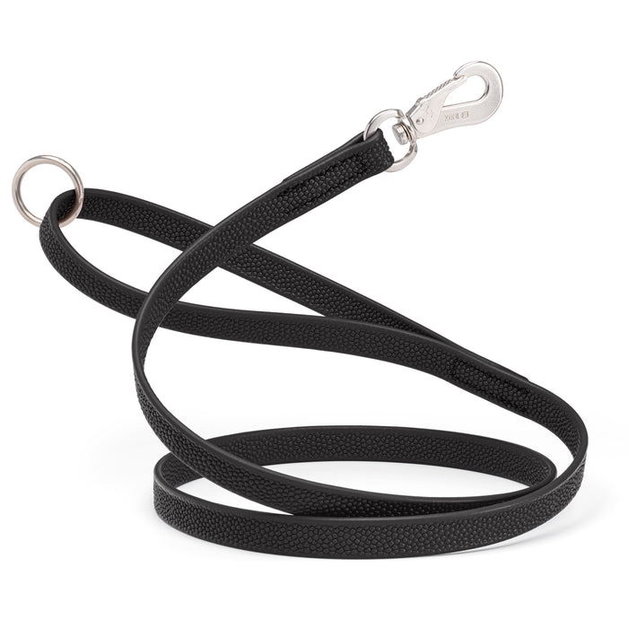 Black dog leash with Sprenger hook and O-ring, made from waterproof Biothane with Pebble Grip coating. Long line 10 ft, 15 ft, 20 ft, or 33 ft