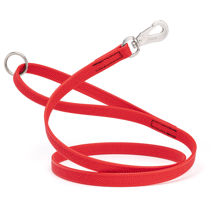 Cherry Red dog leash with Sprenger hook and O-ring, made from waterproof Biothane with Pebble Grip coating. Long line 10 ft, 15 ft, 20 ft, or 33 ft