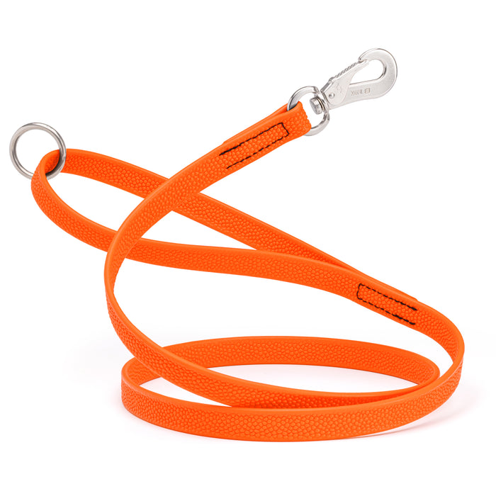 Hunter Orange dog leash with Sprenger hook and O-ring, made from waterproof Biothane with Pebble Grip coating. Long line 10 ft, 15 ft, 20 ft, or 33 ft