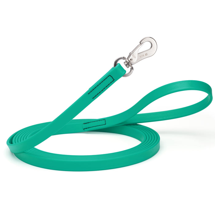 10ft or 15ft Teal Biothane dog leash with stainless steel hook, 5/8 inch wide