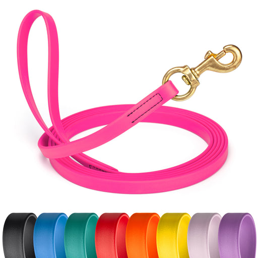 Pink leash for dogs with brass snap, 10 feet long, made from waterproof Biothane; black, blue, teal, red, orange, yellow, pastel, amethyst purple and 16 other colors available