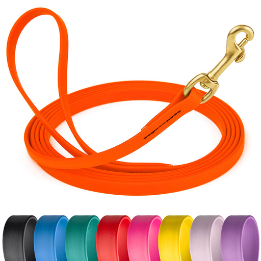 Orange leash for dogs with brass clip, 15 feet long, made from waterproof Biothane; black blue, teal, red, pink, yellow, pastel, amethyst purple and 16 other colors available