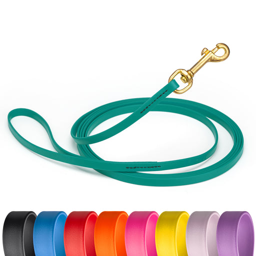 Aqua blue leash for dogs with brass clip, 20 feet long, made from waterproof Biothane; black, blue, red, orange, pink, yellow, pastel, amethyst purple and 16 other colors available