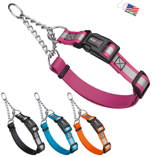 Pink martingale collar for dogs with reflective strip and quick release buckle, made from waterproof Biothane; black, blue and orange colors available