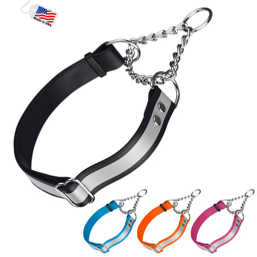 Black martingale collar for dogs with reflective strip and Herm Sprenger assembly chain, made from waterproof Biothane; blue, orange and pink color options