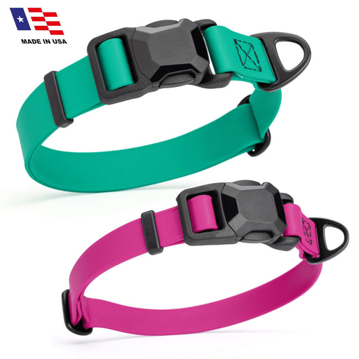 Teal and magenta pink dog collars with magnetic buckle and metal ring, 3/4" and 1" widths available, made from waterproof Biothane