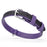 Flat black and purple leather dog collar with metal buckle and D-ring, 5/8 inch wide
