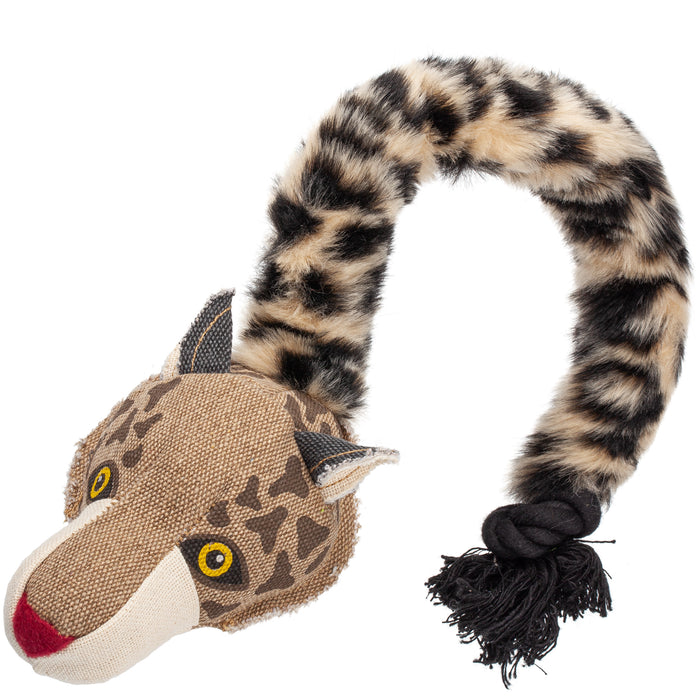 Leopard squeaky dog toy with rope and ball inside