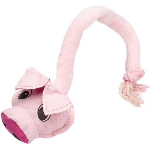 Pink pig squeaky dog toy with rope and ball inside