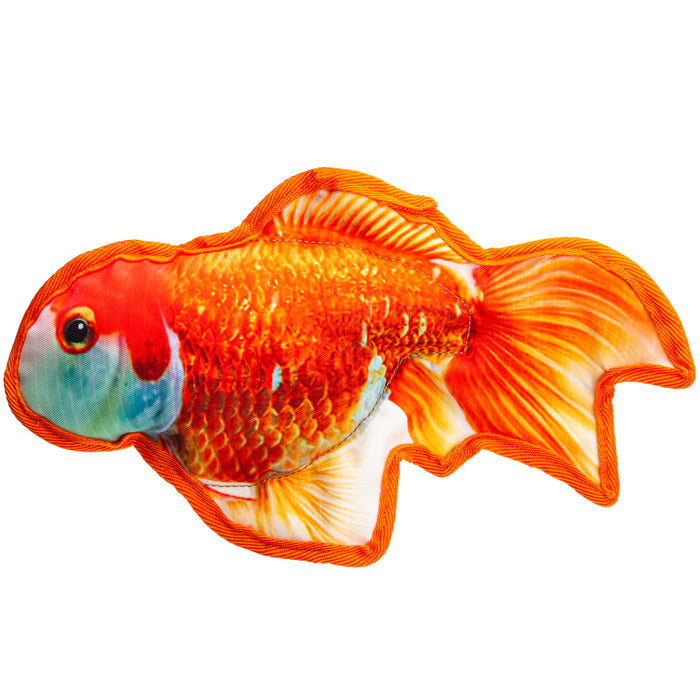 Floating in water dog toy with a squeaker, goldfish