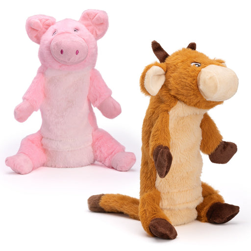 pig dog toy and cow dog toy with an empty water bottle inside, and squeakers