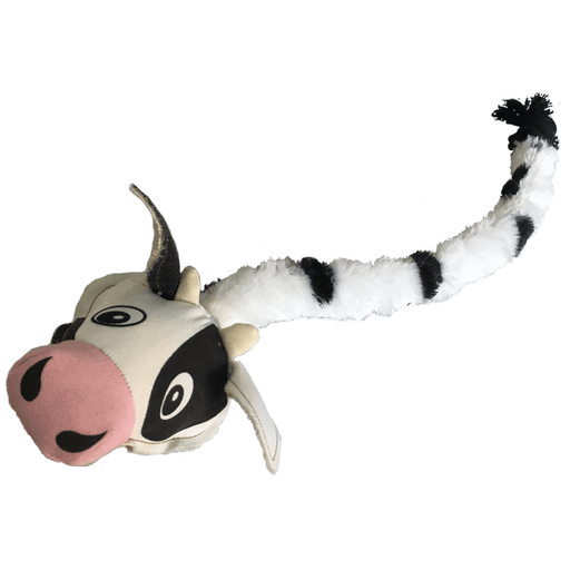Black and white cow squeaky dog toy with rope and ball inside
