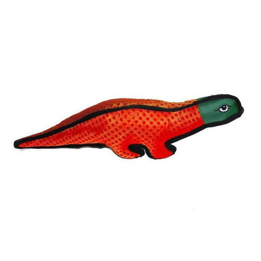 Two-color orange and teal dinosaur durable dog toy with additional seam cover around the outside edges