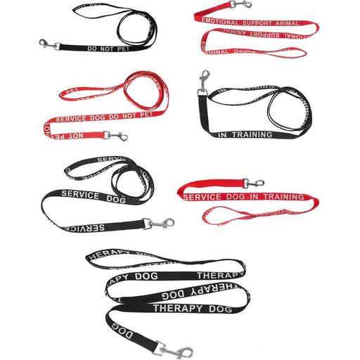 Nylon dog leash with reflective lettering, black and red colors, 8 different texts