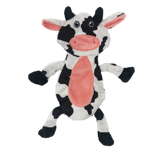 Flat, no stuffing dog toy with crinkle paper, a cow