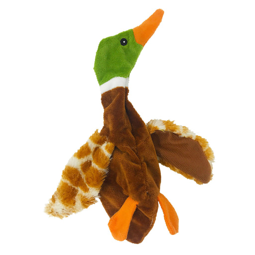 Flat, no stuffing dog toy with crinkle paper, a brown duck