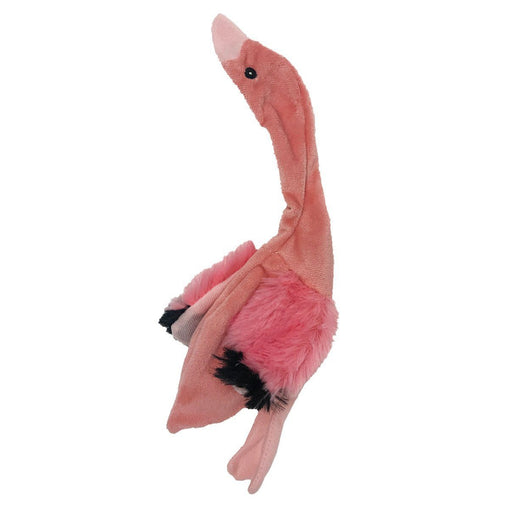 Flat, no stuffing dog toy with crinkle paper, a flamingo