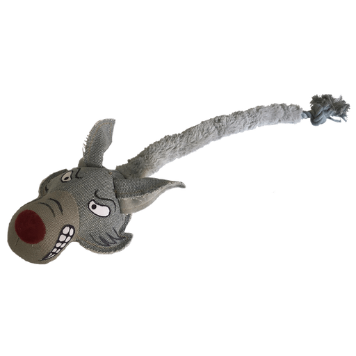 Gray wolf squeaky dog toy with rope and ball inside