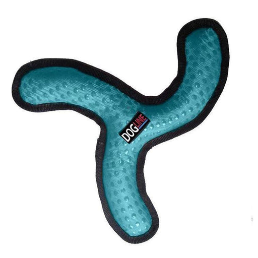 Teal boomerang durable dog toy with additional seam cover around the edges