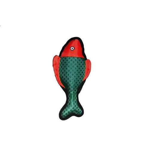 Two-color orange and teal fish durable dog toy with additional seam cover around the edges