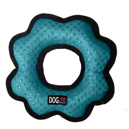 Teal gear shaped durable dog toy with additional seam cover around the edges