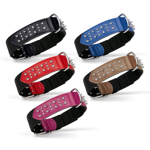Nylon and leather collar for dogs with spikes, 5 different leather piece colors
