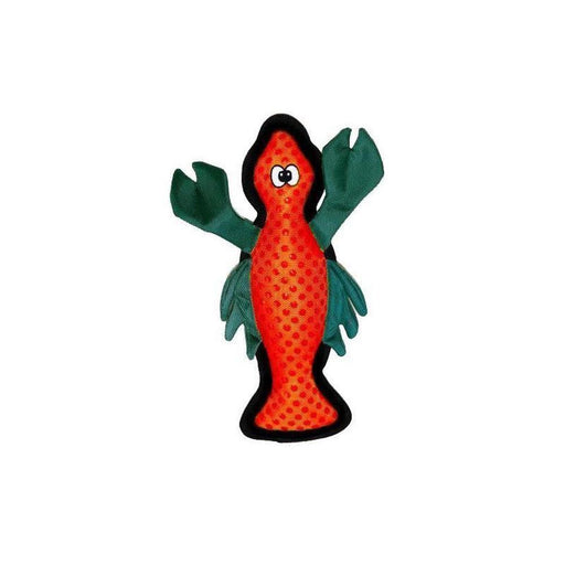 Two-color orange and teal lobster durable dog toy with additional seam cover around the edges
