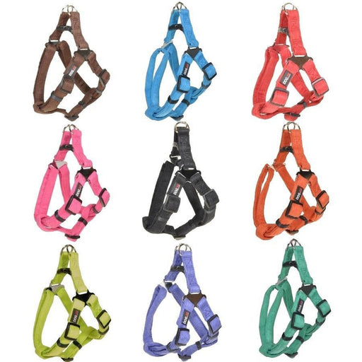 Soft fabric step-in harness for dogs with quick release buckle, nine different colors, five girth sizes