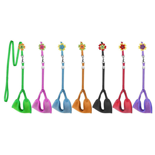Step-in nylon harness and leash set for dogs with an optional flower decoration, 7 different colors