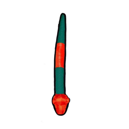 Two-color orange and teal snake durable dog toy with additional seam cover around the edges