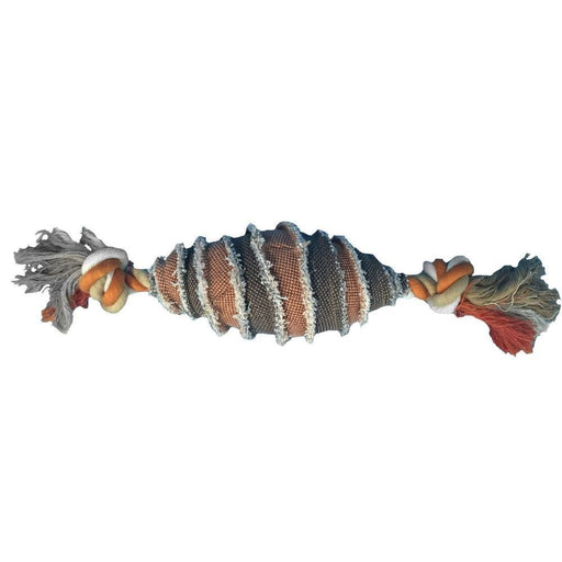 Jute dog toy for active play, spiral oval ball shaped with ropes