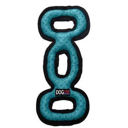 Teal tugger durable dog toy with additional seam cover around the edges