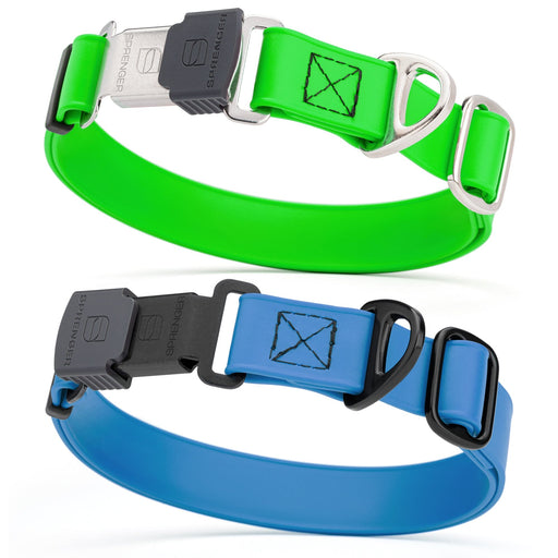 Biothane waterproof dog collars with Herm Sprenger stainless steel quick release buckle, green and blue colors